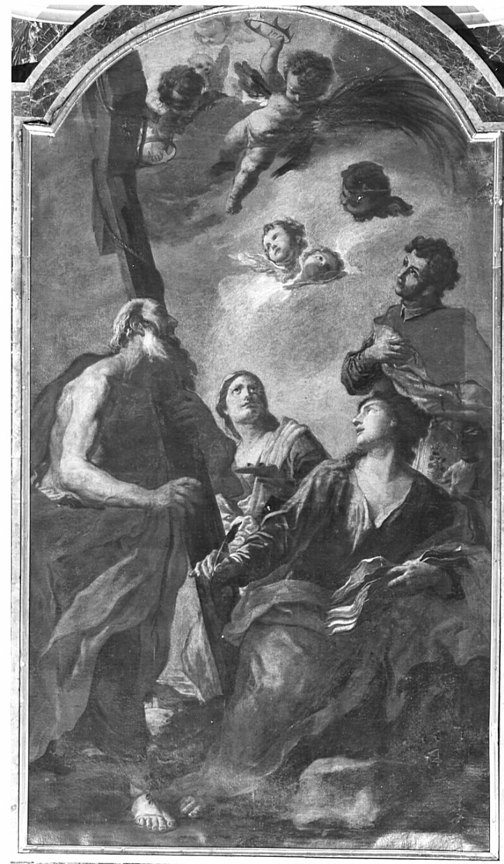 Sant'Andrea, Santa Lucia, San Giovanni Evangelista e San Pantaleone (dipinto, opera isolata) di Molinari Antonio (sec. XVIII)