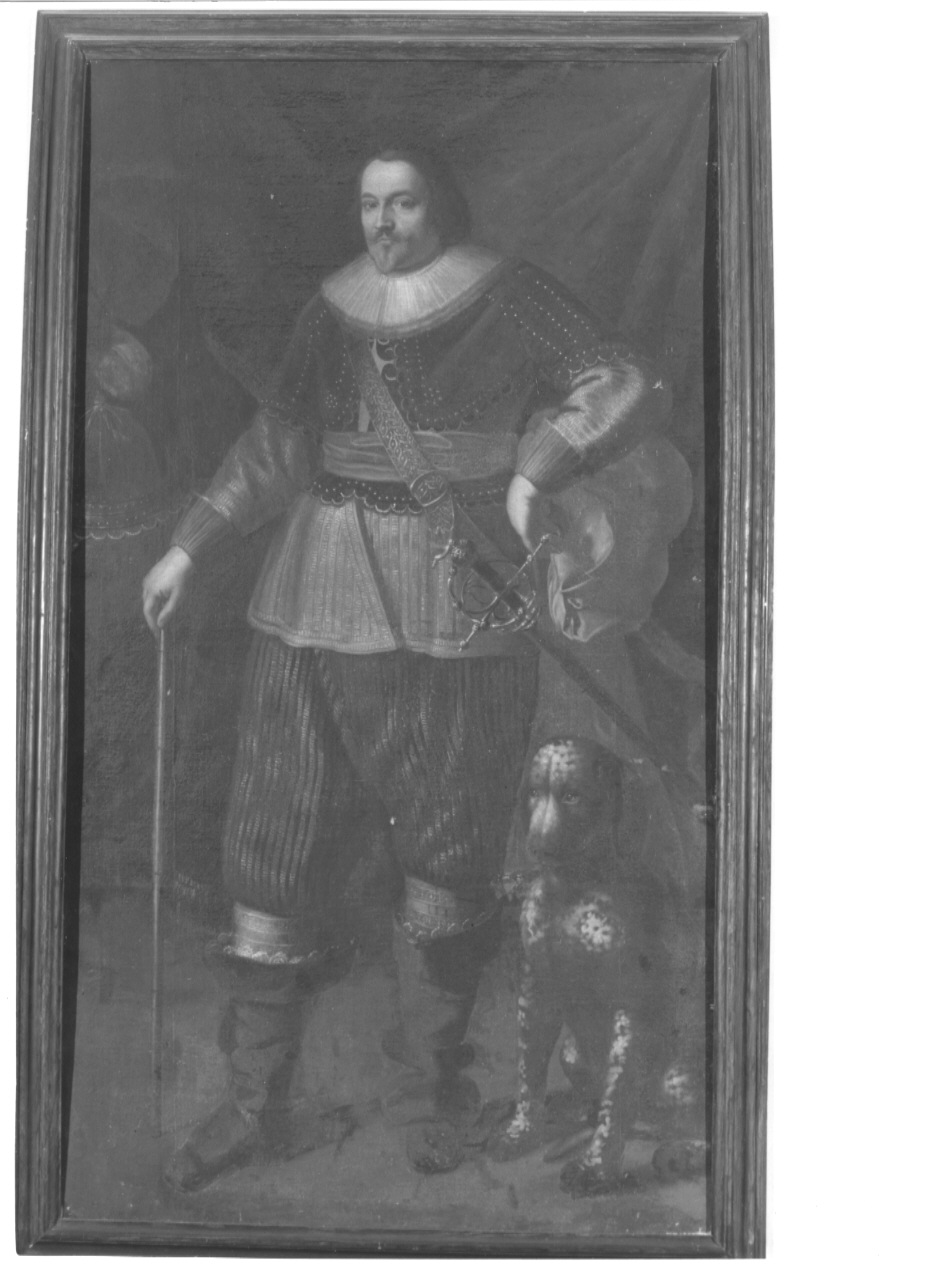 ritratto di un ufficiale con cane maculato, ritratto di un ufficiale con cane maculato (dipinto, opera isolata) - ambito spagnolo o fiammingo (sec. XVII)