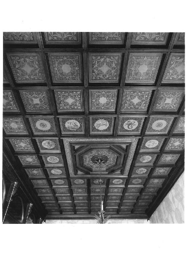 segni zodiacali/ motivi decorativi a volute (soffitto a cassettoni, opera isolata) - ambito lombardo (secc. XIX/ XX)