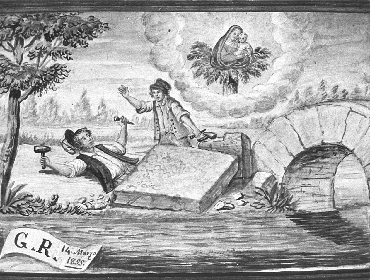 Madonna salva un uomo schiacciato da un lastrone di pietra (ex voto, opera isolata) - ambito lombardo (sec. XIX)