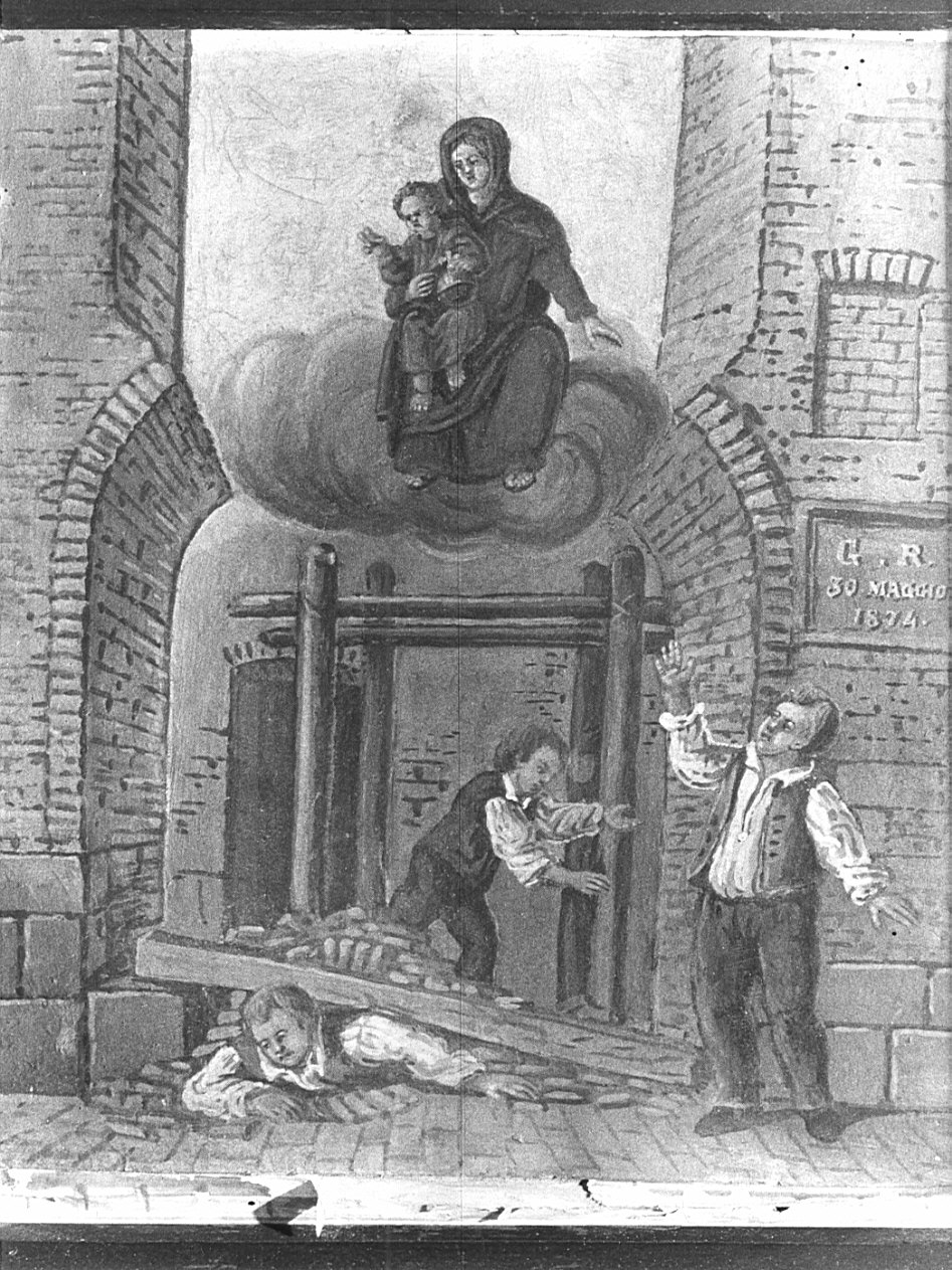 Madonna salva un uomo travolto dalla caduta di una trave (ex voto, opera isolata) - ambito lombardo (sec. XIX)