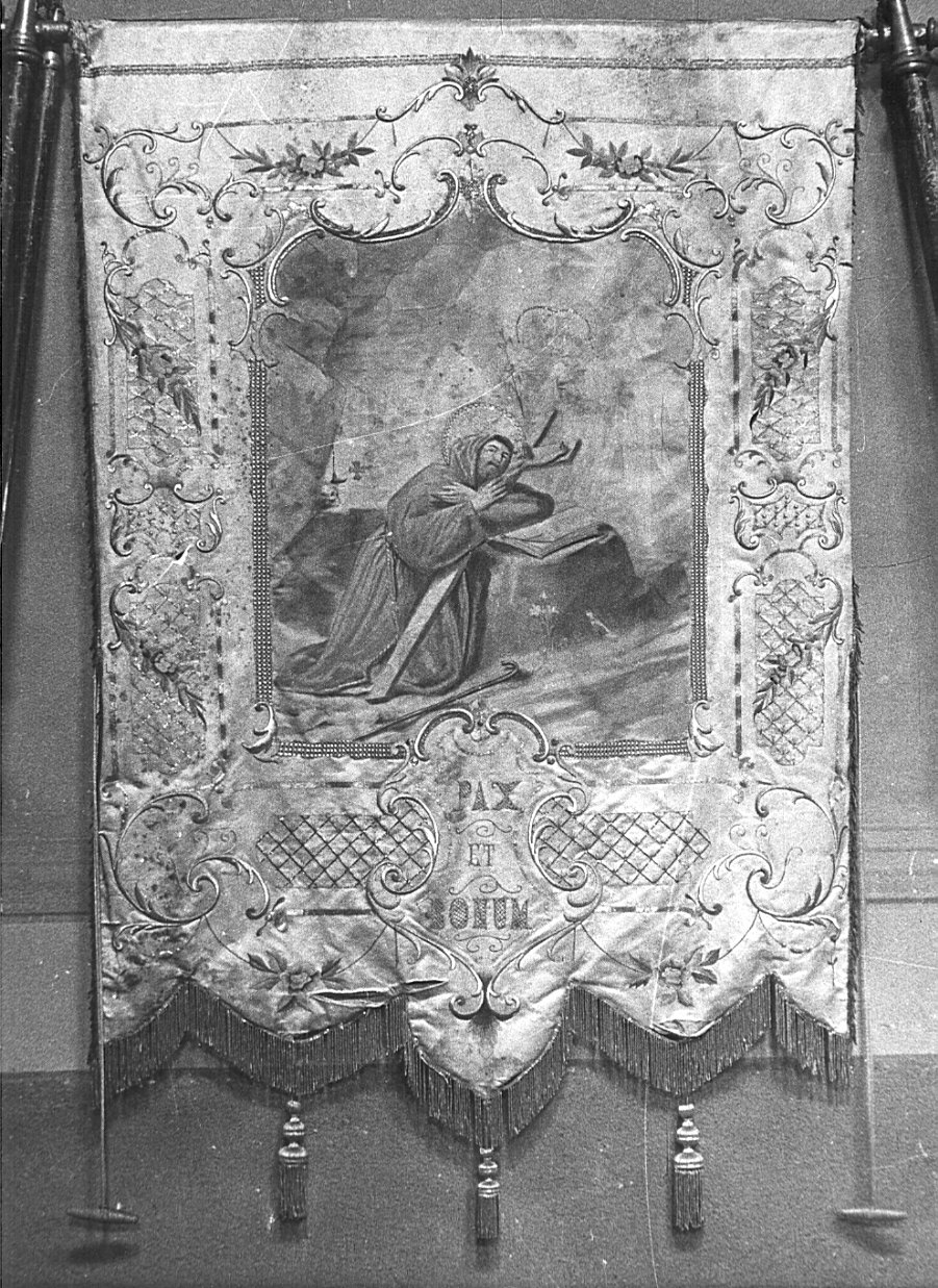 San Francesco d'Assisi in preghiera davanti alla croce (stendardo processionale, opera isolata) - manifattura lombarda (secc. XIX/ XX)
