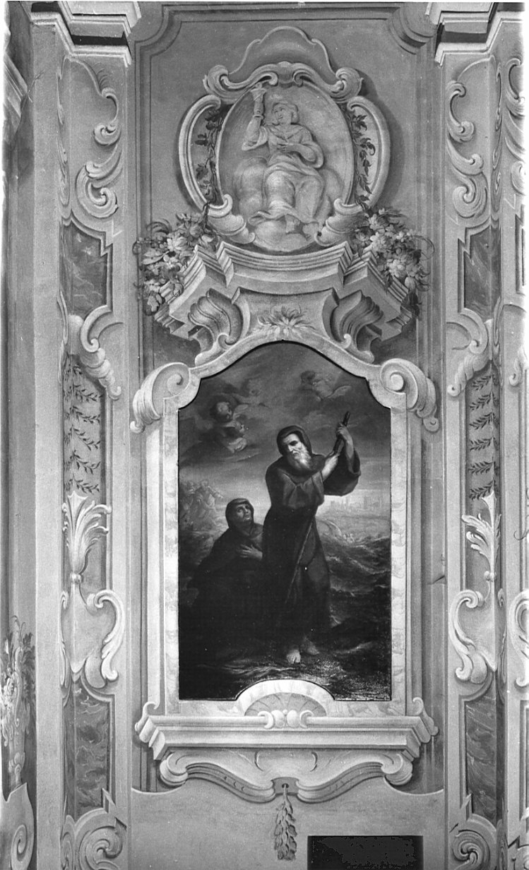 cornice architettonica con motivi decorativi e figure (dipinto, elemento d'insieme) - ambito lombardo (sec. XVIII)