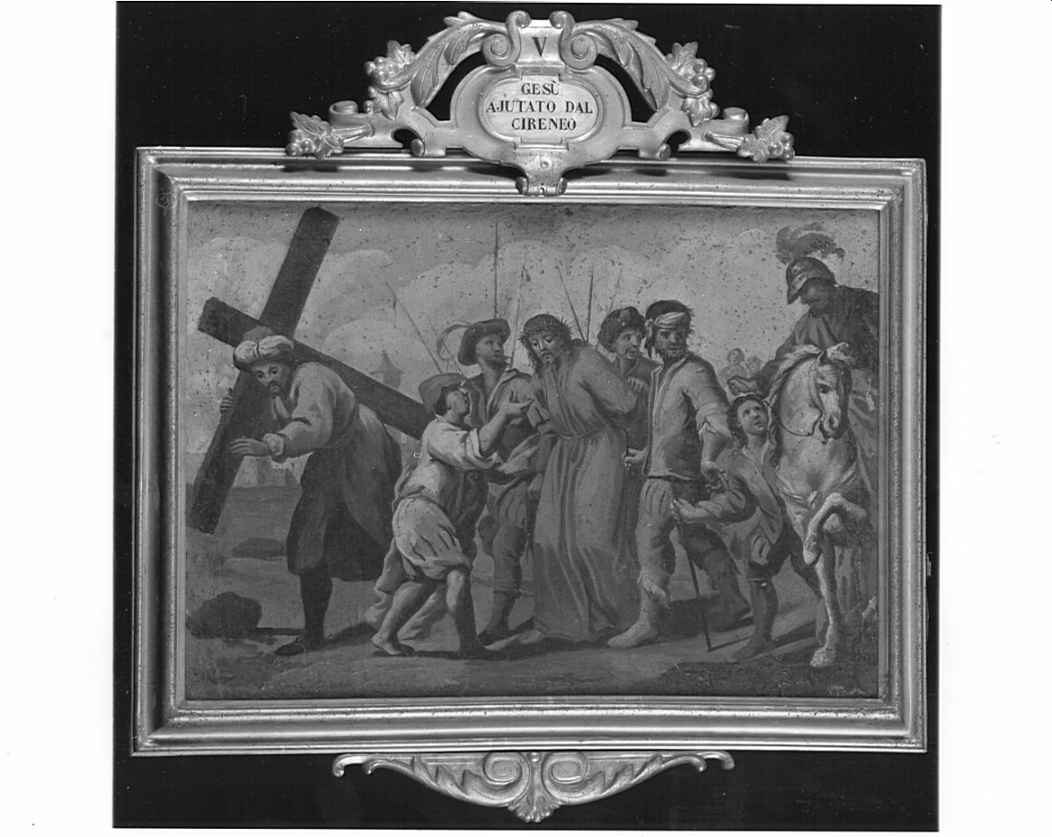 stazione V: Gesù aiutato da Simone il Cireneo a portare la croce (dipinto, elemento d'insieme) di Turri Beniamino (attribuito) (sec. XIX)