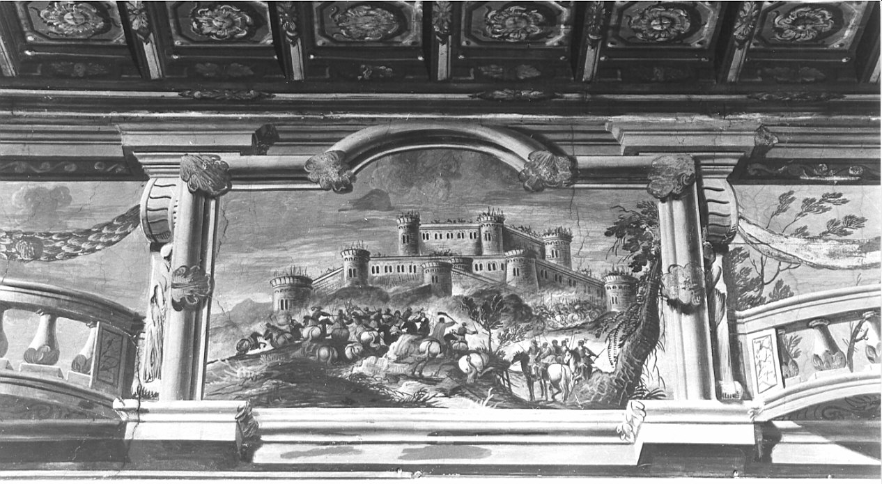 quadratura architettonica/ Paesaggi/ battaglia (decorazione pittorica, elemento d'insieme) - ambito lombardo (secc. XVII/ XVIII)