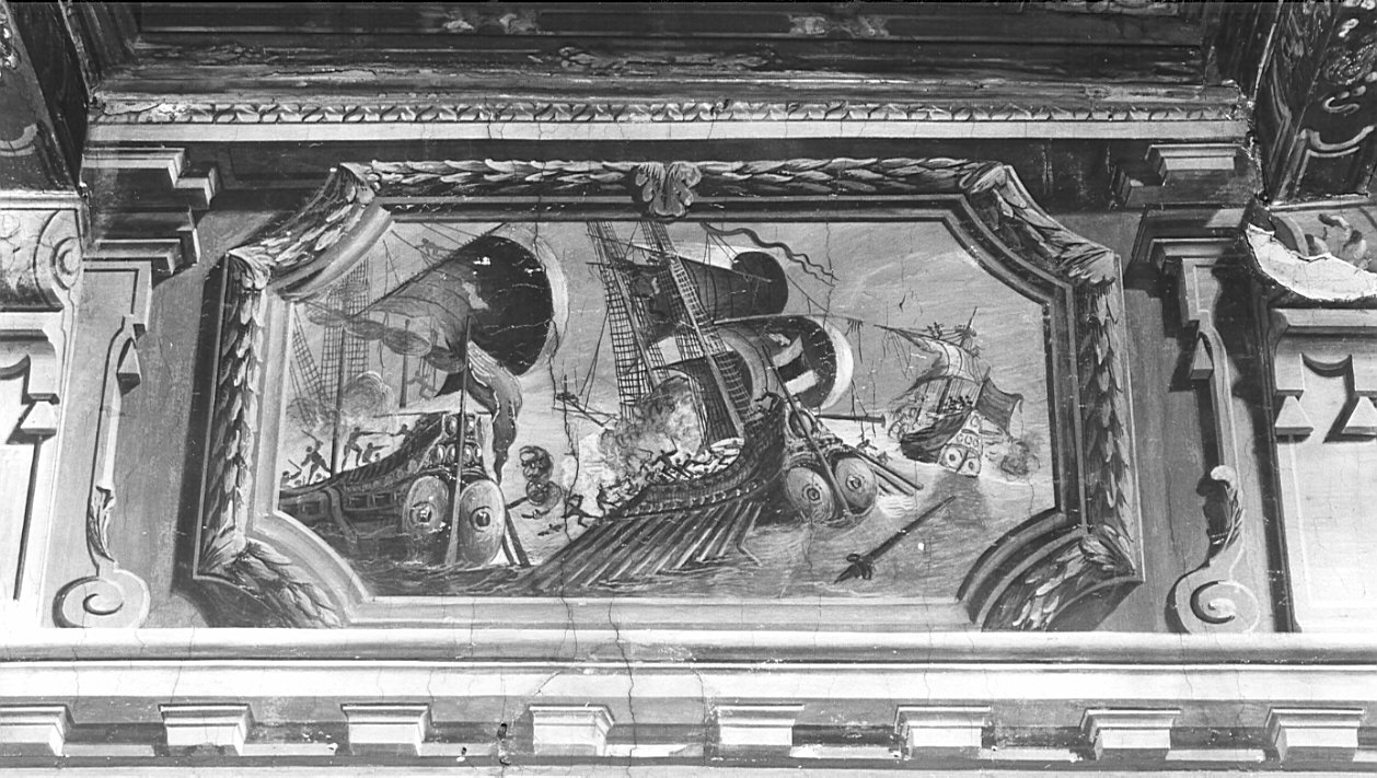 quadratura architettonica/ battaglia navale/ giardino (decorazione pittorica, elemento d'insieme) - ambito lombardo (secc. XVII/ XVIII)