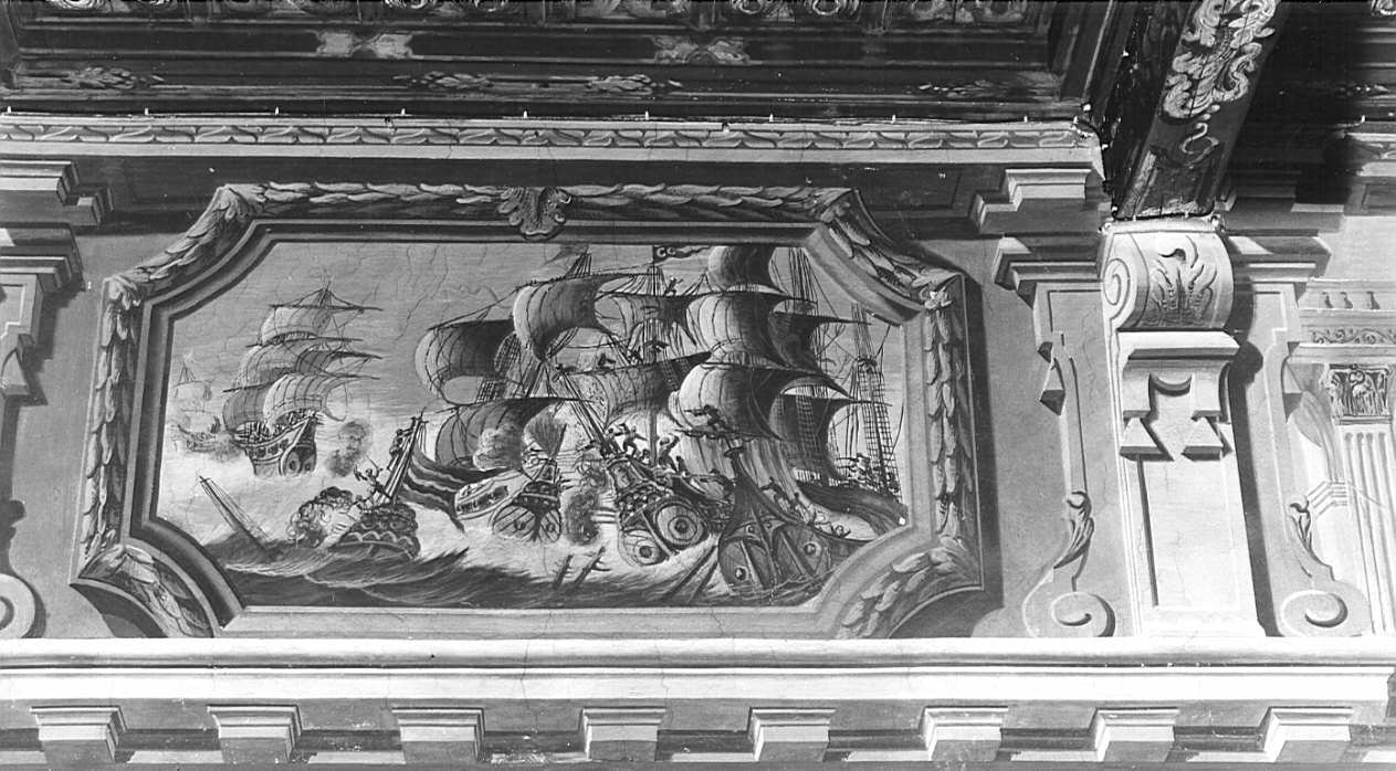 quadratura architettonica/ giardino/ battaglia navale (decorazione pittorica, elemento d'insieme) - ambito lombardo (secc. XVII/ XVIII)