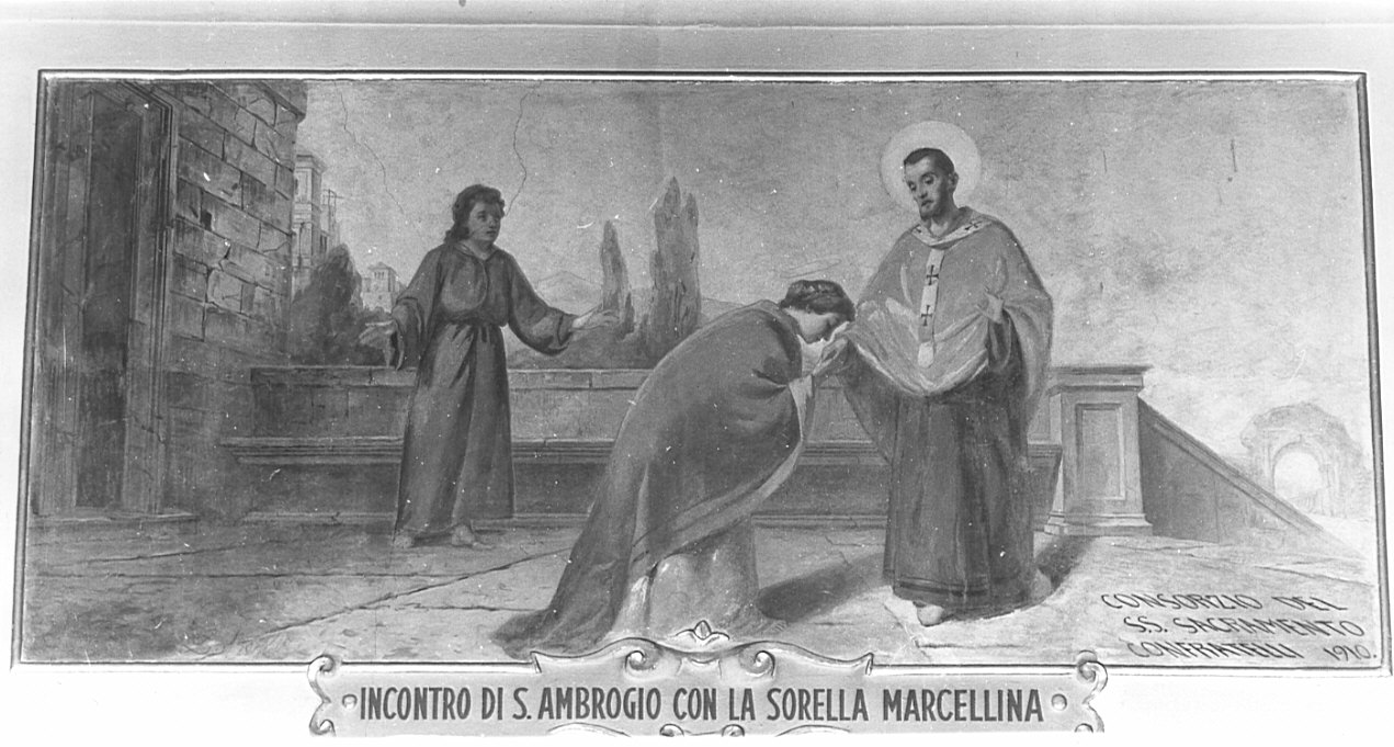 Sant'Ambrogio incontra la sorella Marcellina (dipinto, elemento d'insieme) - ambito italiano (sec. XX)