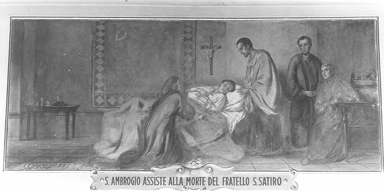 Sant'Ambrogio assiste alla morte del fratello Satiro (dipinto, elemento d'insieme) - ambito italiano (sec. XX)