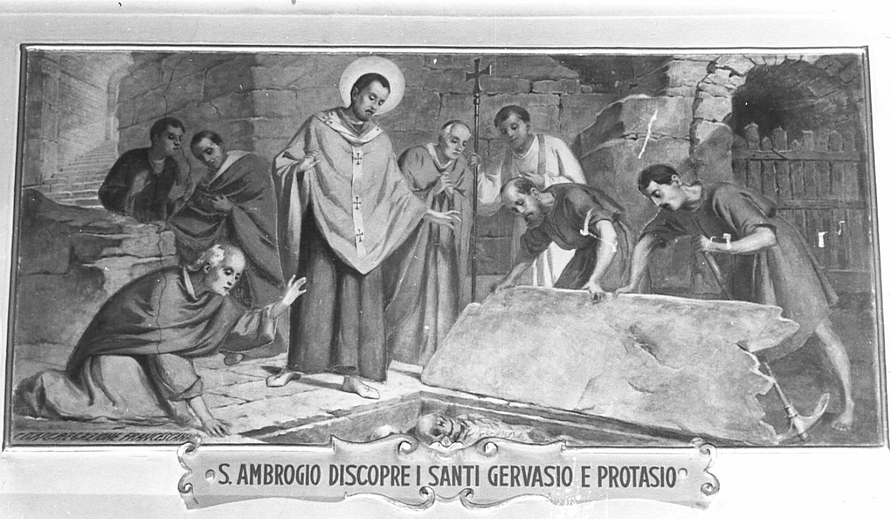 Sant'Ambrogio discopre i Santi Gervasio e Protasio (dipinto, elemento d'insieme) - ambito italiano (sec. XX)