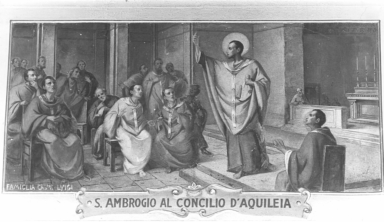 Sant'Ambrogio al concilio d'Aquileia (dipinto, elemento d'insieme) - ambito italiano (sec. XX)
