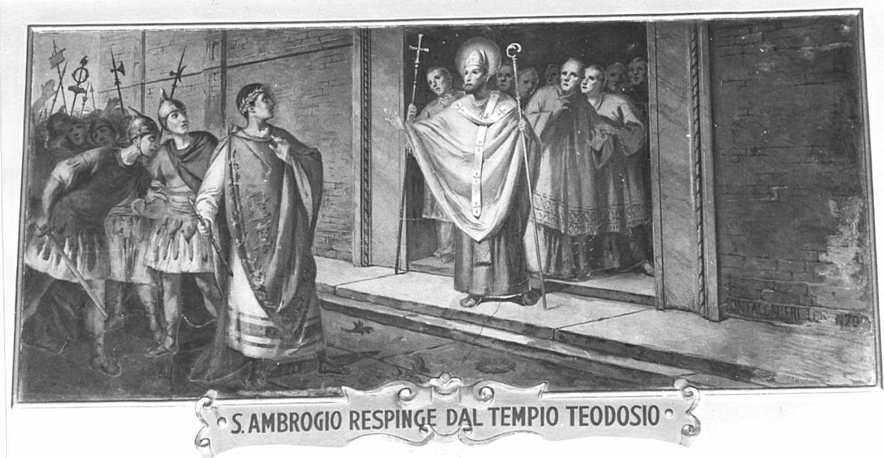 Sant'Ambrogio rifiuta l'ingresso in chiesa all'imperatore Teodosio (dipinto, elemento d'insieme) - ambito italiano (sec. XX)