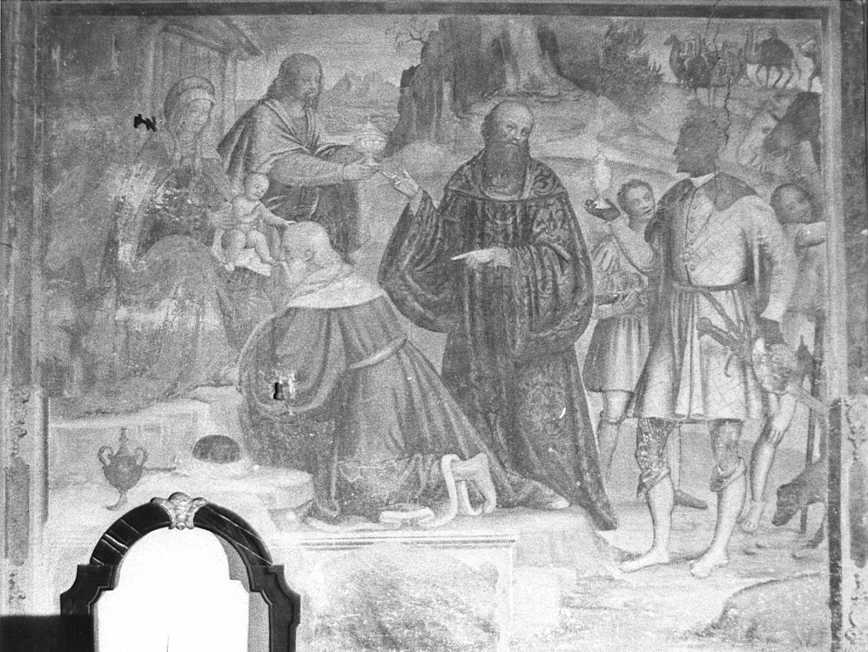 adorazione dei Re Magi (dipinto, elemento d'insieme) di Luini Bernardino (maniera) (sec. XVI)