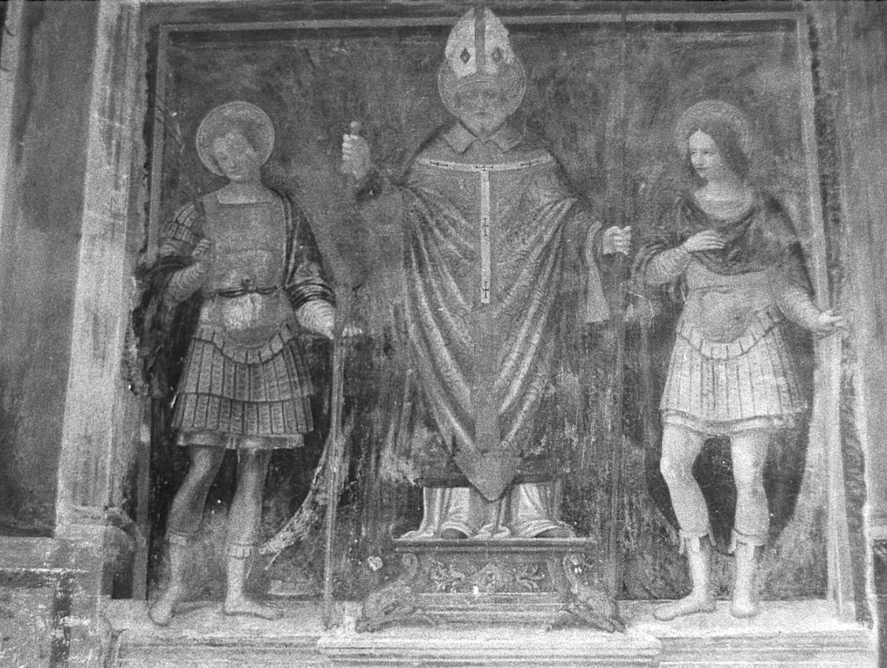 Sant'Ambrogio tra i Santi Gervasio e Protasio (dipinto, elemento d'insieme) di Luini Bernardino (maniera) (sec. XVI)