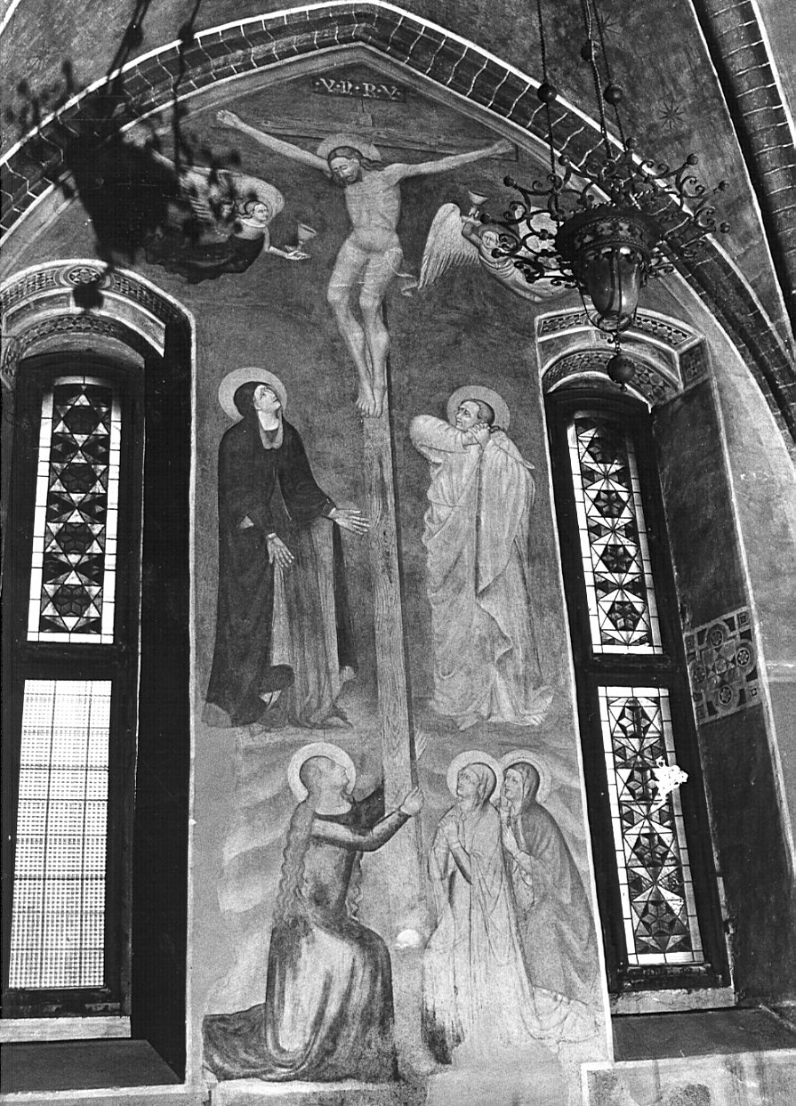 Cristo crocifisso con la Madonna, Santa Maria Maddalena e San Giovanni Evangelista (dipinto, elemento d'insieme) - ambito lombardo (terzo quarto sec. XIV)