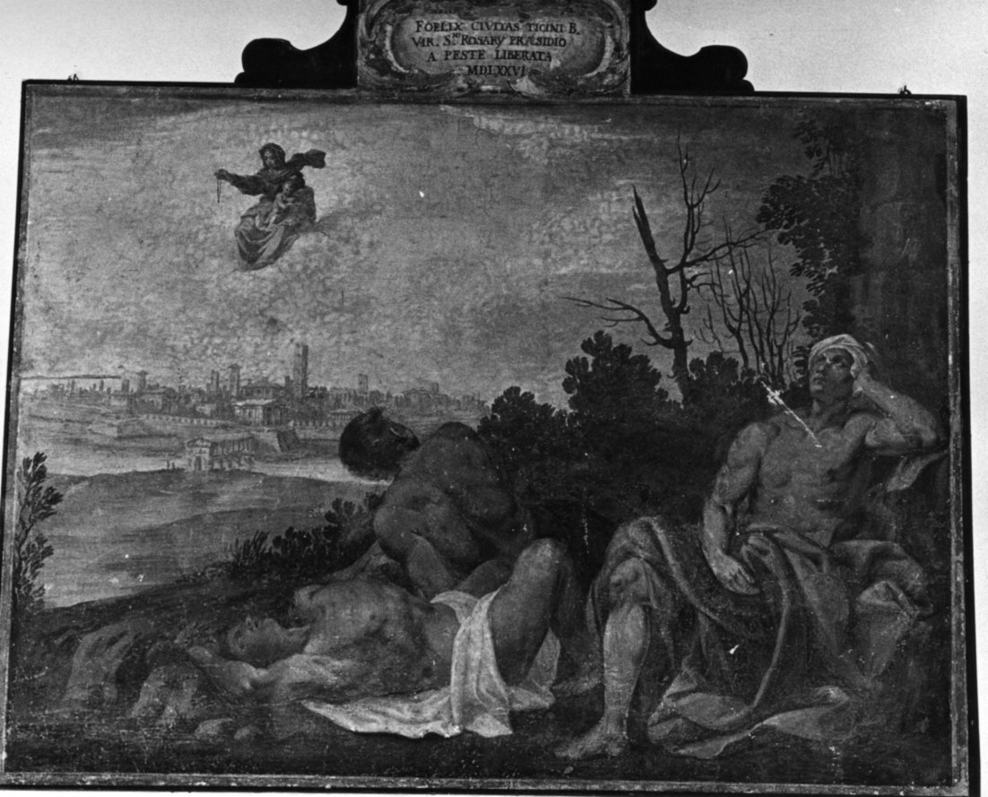 Madonna del Rosario che salva Pavia dalla peste (dipinto, opera isolata) - ambito lombardo (sec. XVI)