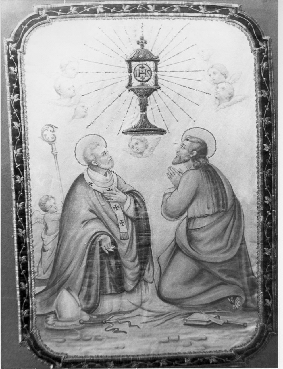 Santi in adorazione del Santissimo (stendardo processionale, frammento) - manifattura lombarda (sec. XIX)