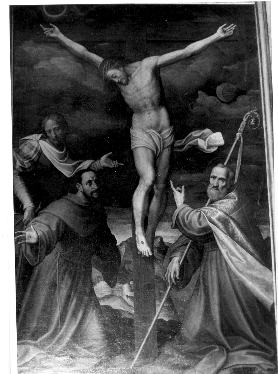 crocifissione di Cristo con San Francesco, San Niccolò e San Lorenzo (dipinto, opera isolata) di Calvi Giulio detto Coronaro (sec. XVI)