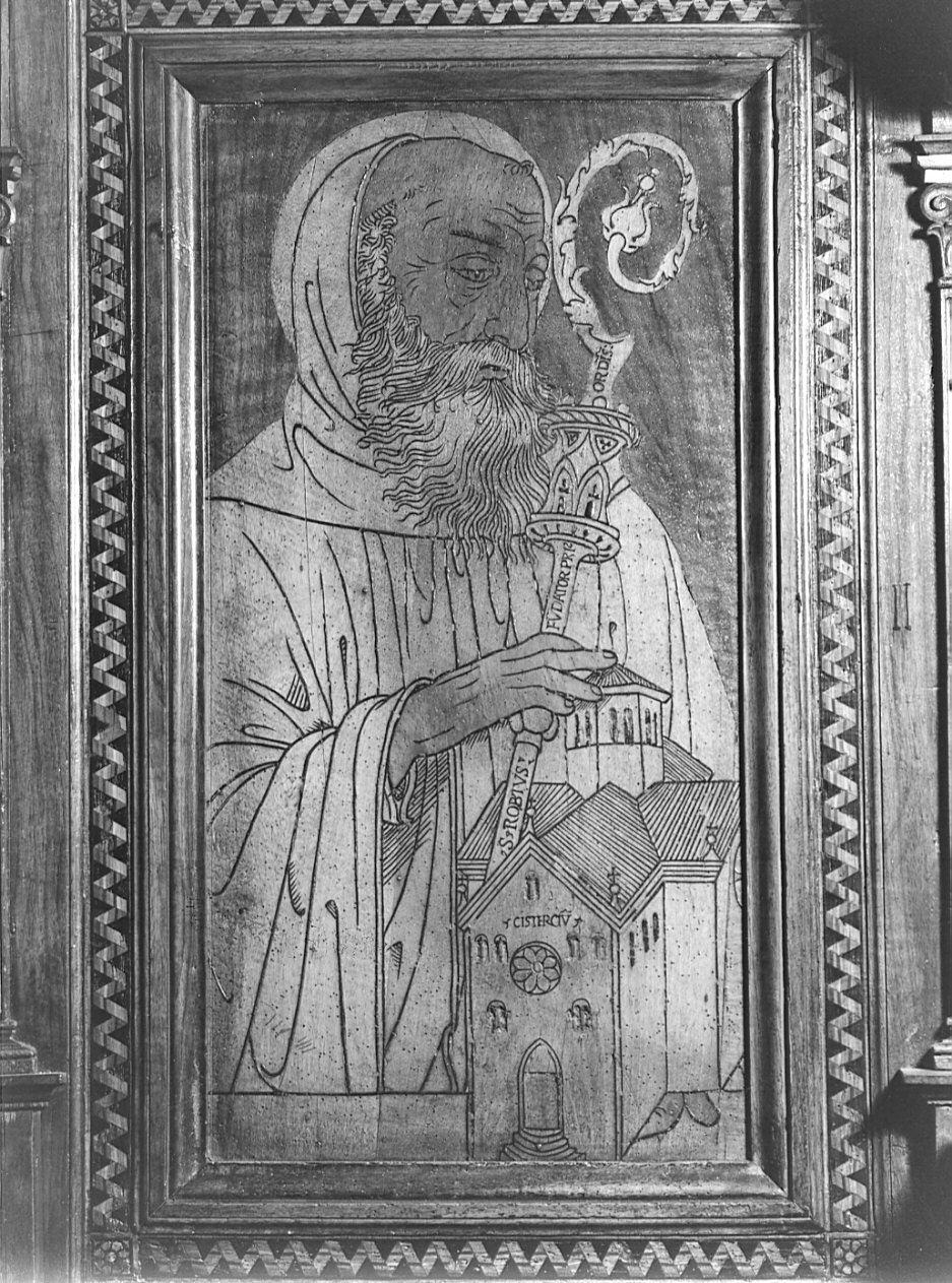 San Roberto (schienale di stallo di coro, elemento d'insieme) di Giramo Francesco (sec. XVI)