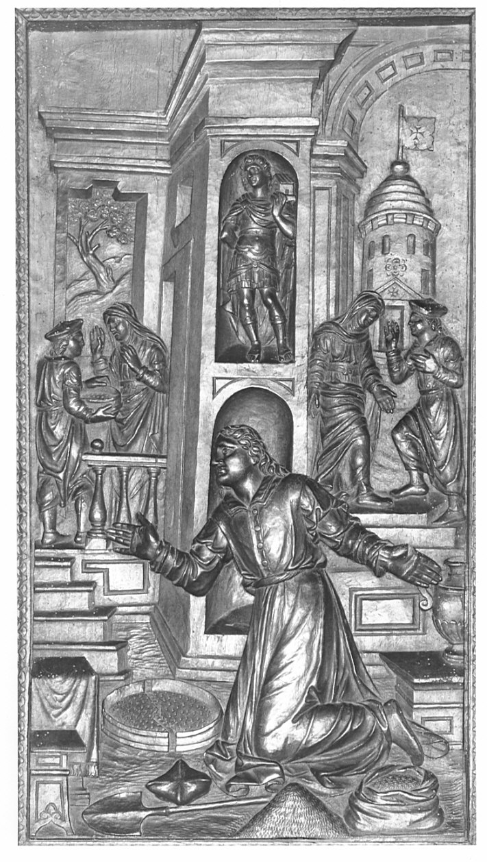San Benedetto ripara miracolosamente un vaglio (rilievo, elemento d'insieme) di Santagostino Ambrogio, Passeri Bernardino (sec. XVI)