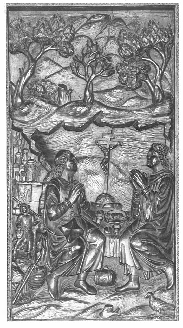 San Benedetto e il pranzo pasquale (rilievo, elemento d'insieme) di Santagostino Ambrogio, Passeri Bernardino (sec. XVI)