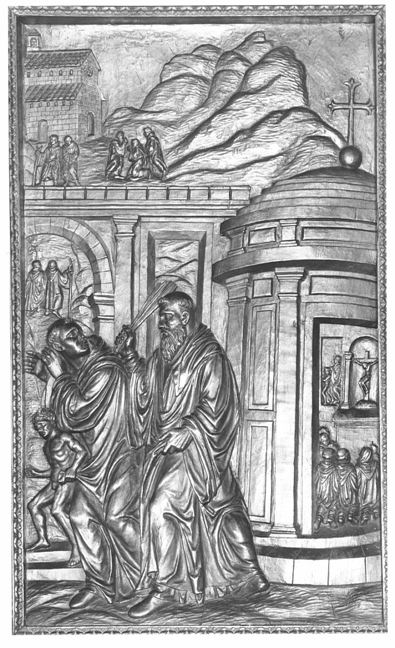 San Benedetto e la distrazione punita (rilievo, elemento d'insieme) di Santagostino Ambrogio, Passeri Bernardino (sec. XVI)