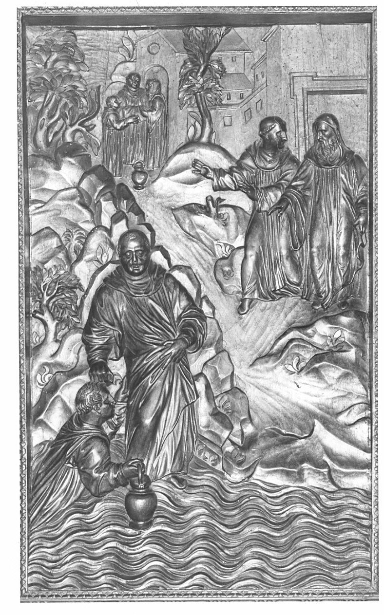 monaco Mauro cammina sulle acque (rilievo, elemento d'insieme) di Santagostino Ambrogio, Passeri Bernardino (sec. XVI)