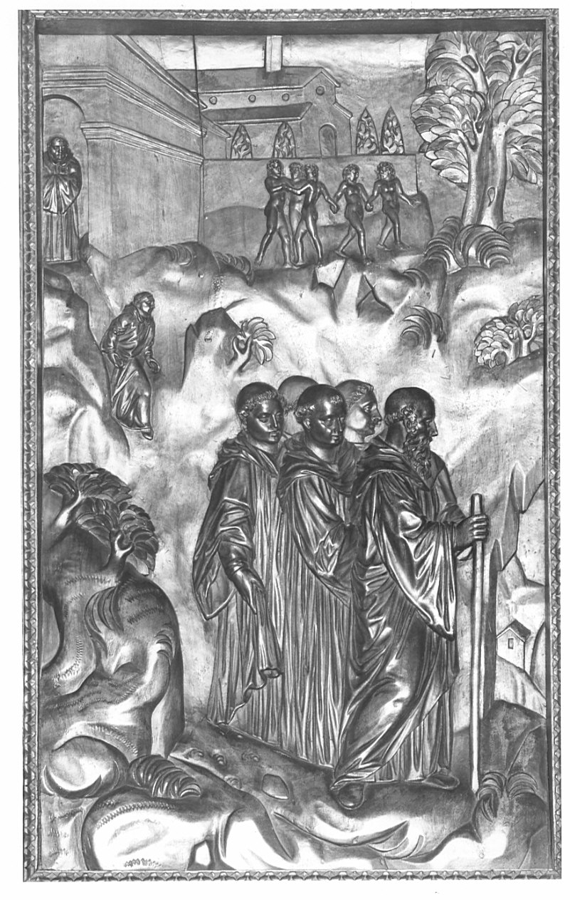 San Benedetto e l'indegno scherzo del prete Fiorenzo (rilievo, elemento d'insieme) di Santagostino Ambrogio, Passeri Bernardino (sec. XVI)