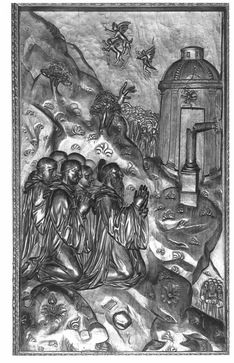 San Benedetto e l'arrivo a Montecassino (rilievo, elemento d'insieme) di Santagostino Ambrogio, Passeri Bernardino (sec. XVI)