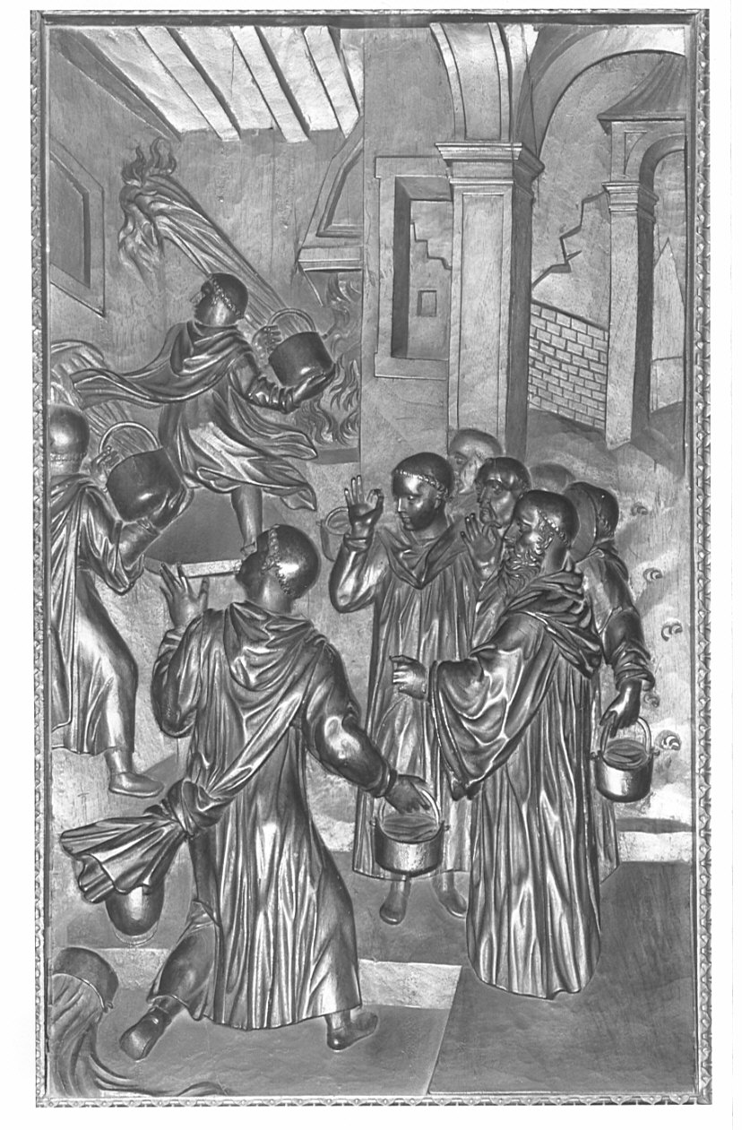 San Benedetto e l'incendio immaginario (rilievo, elemento d'insieme) di Santagostino Ambrogio, Passeri Bernardino (sec. XVI)