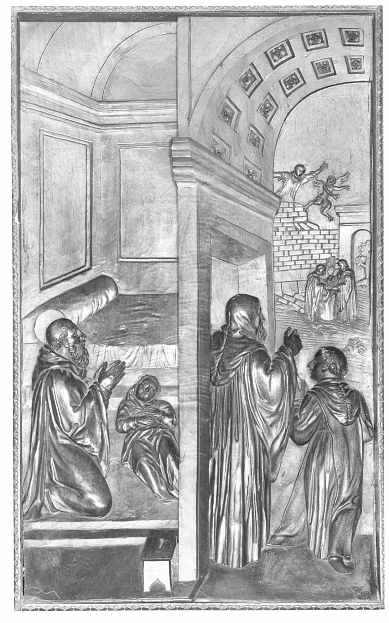 San Benedetto e il monaco risanato (rilievo, elemento d'insieme) di Santagostino Ambrogio, Passeri Bernardino (sec. XVI)