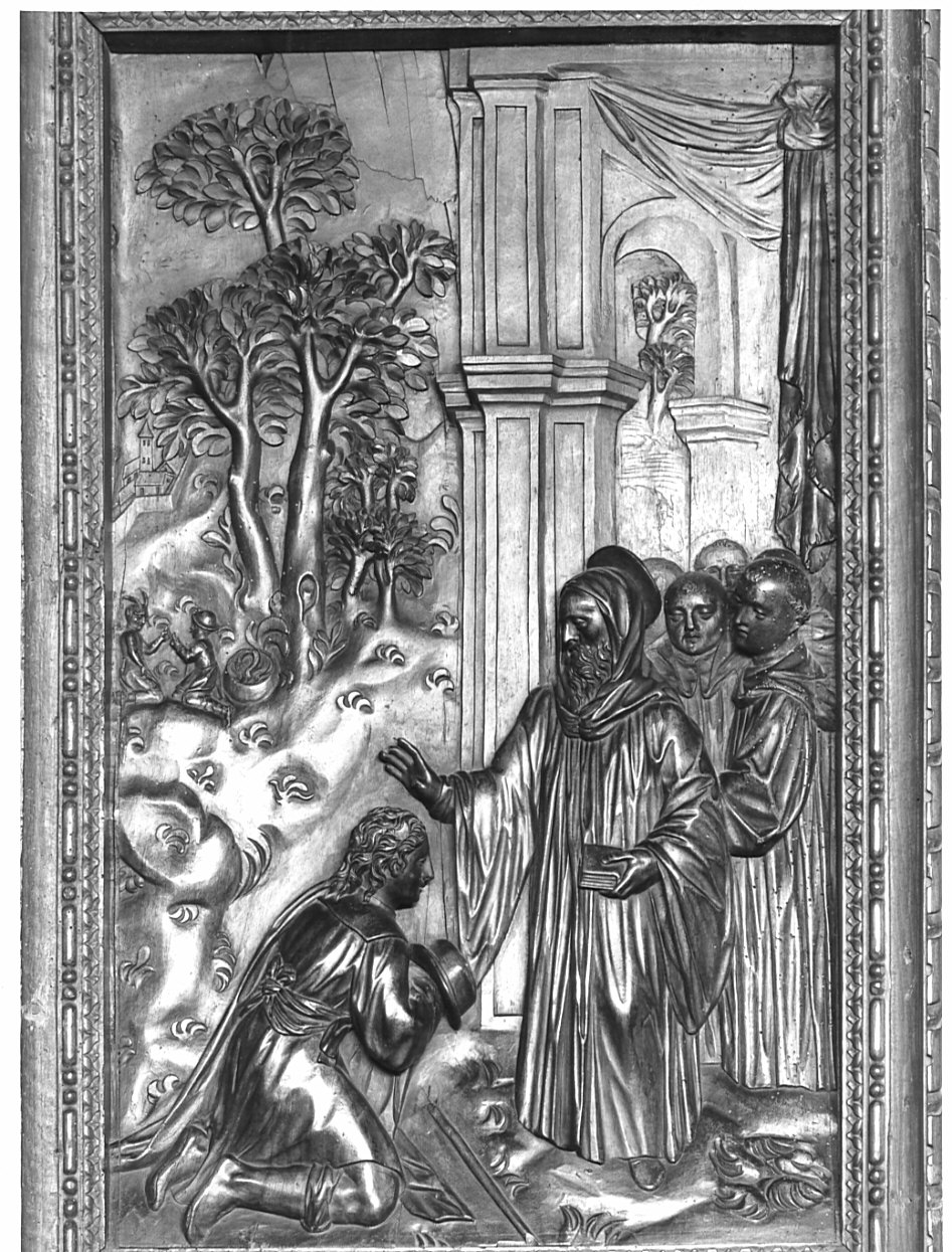 San Benedetto e una nuova infrazione alla regola (rilievo, elemento d'insieme) di Santagostino Ambrogio, Passeri Bernardino (sec. XVI)