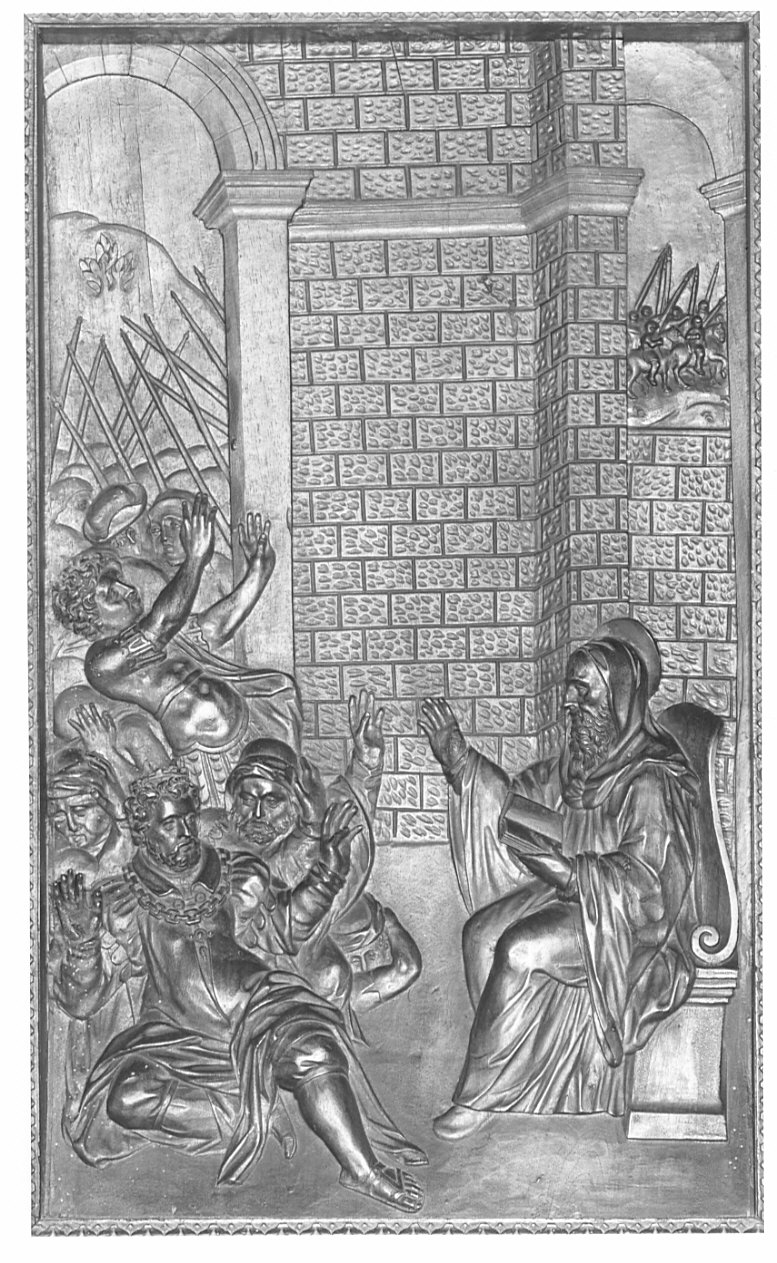 San Benedetto e l'inganno del re di Totila (rilievo, elemento d'insieme) di Santagostino Ambrogio, Passeri Bernardino (sec. XVI)