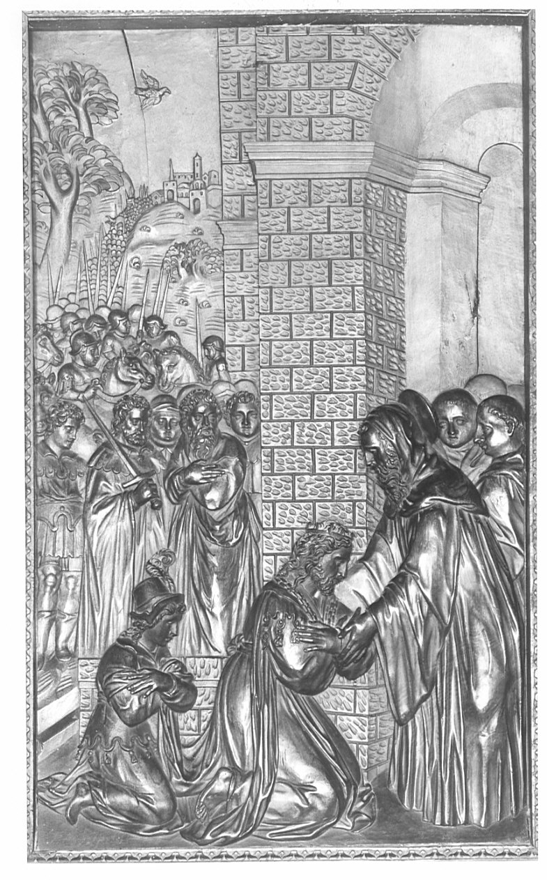 San Benedetto e la profezia a Totila (rilievo, elemento d'insieme) di Santagostino Ambrogio, Passeri Bernardino (sec. XVI)