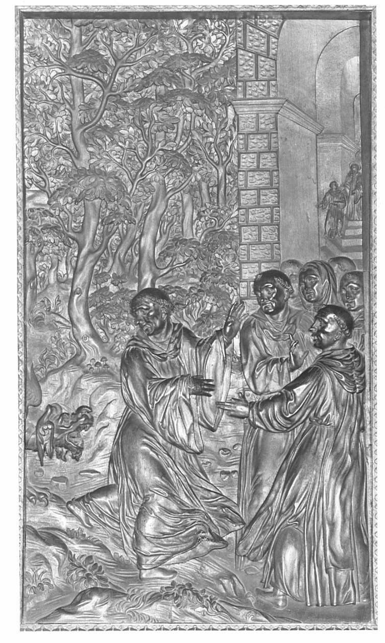 San Benedetto e il monaco dissidente punito (rilievo, elemento d'insieme) di Santagostino Ambrogio, Passeri Bernardino (sec. XVI)