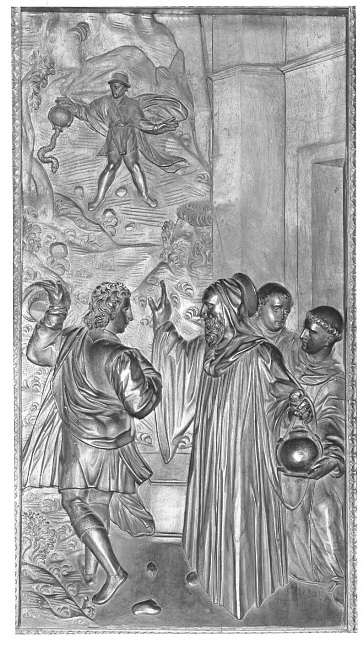 San Benedetto frodato di un fiascone (rilievo, elemento d'insieme) di Santagostino Ambrogio, Passeri Bernardino (sec. XVI)