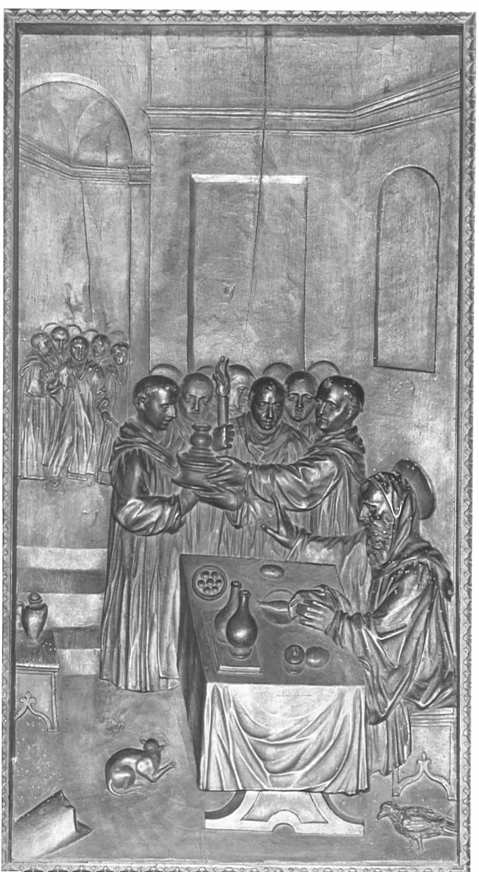 San Benedetto e i fazzoletti accettati contro la regola (rilievo, elemento d'insieme) di Santagostino Ambrogio, Passeri Bernardino (sec. XVI)