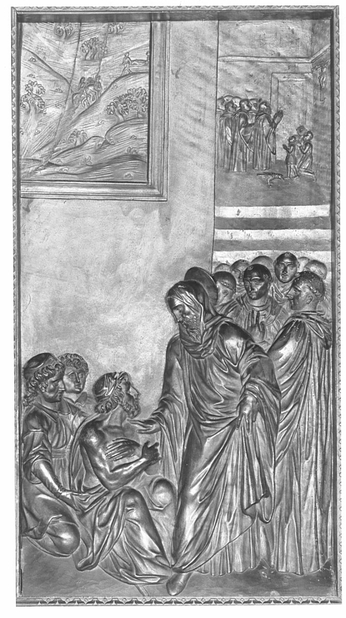 San Benedetto e il miracolo del bambino resuscitato (rilievo, elemento d'insieme) di Santagostino Ambrogio, Passeri Bernardino (sec. XVI)