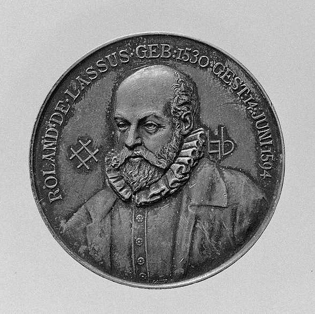 Ritratto di Lasso Orlando, ritratto del compositore Lasso Orlando, pentagramma (medaglia) - produzione Stabilimento Lauer (Germania) (sec. XIX)