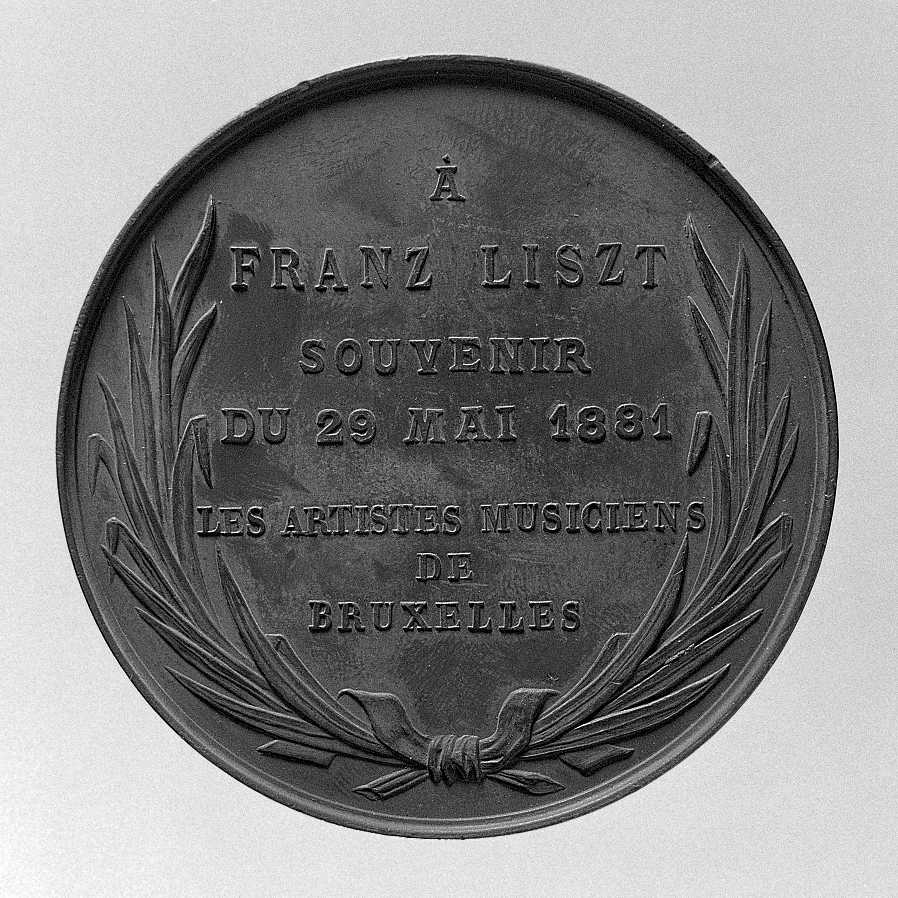 Ritratto di Liszt Franz, ritratto del compositore Liszt Franz, motivo decorativo a fogliame (medaglia) di Geerts Eduard Louis (sec. XIX)