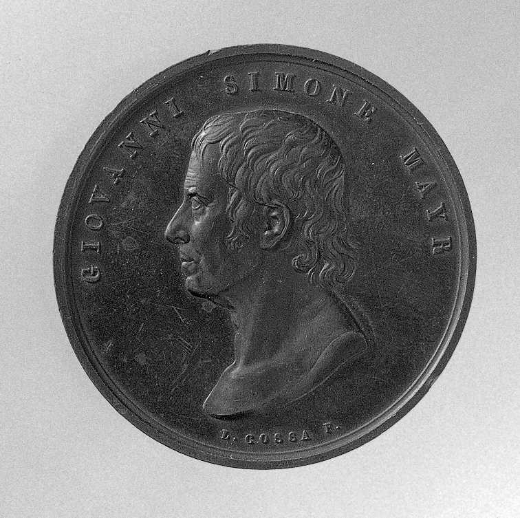 Ritratto di Mayr Giovanni Simone, ritratto del compositore Mayr Giovanni Simone (medaglia) di Cossa Luigi (sec. XIX)