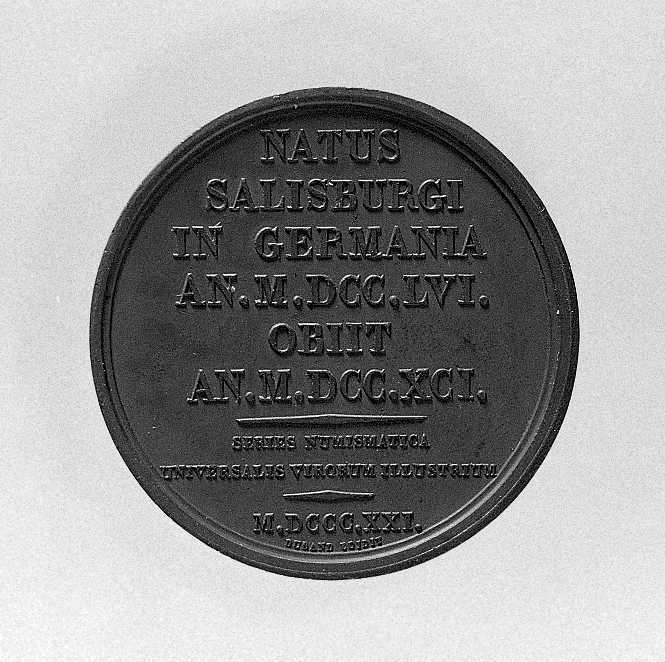 Series Numismatica Universalis Virorum Illustrium: ritratto di Mozart Wolfgang Amadeus, ritratto del compositore Mozart Wolfgang Amadeus (medaglia, serie) di Caqué Armande Auguste (sec. XIX)