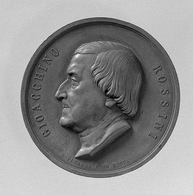 Ritratto di Rossini Gioacchino Antonio, ritratto del compositore rossini Gioacchino Antonio (medaglia) di Pieroni Adolfo (sec. XIX)