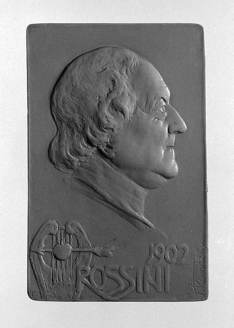 Ritratto di Rossini Gioacchino Antonio, ritratto del compositore rossini Gioacchino Antonio (placchetta) di Kounitzky Franz (sec. XX)
