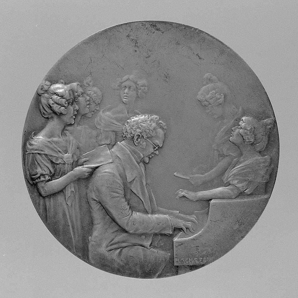Ritratto di Schubert Franz Peter, ritratto del compositore Schubert Franz Peter, e musicista che suona il pianoforte con cantante (medaglia) di Schaefer Hans (sec. XX)