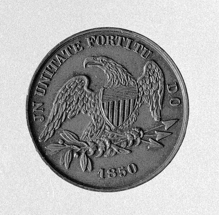 Ritratto di Lind Jenny, ritratto della cantante Lind Jenny, ramo d'ulivo, aquila con scudo degli Stati Uniti d'America e frecce (medaglia) - produzione Stabilimento Lauer (Germania) (sec. XIX)