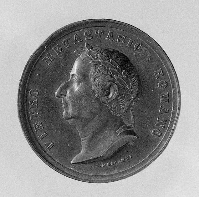 Ritratto di Metastasio Pietro, ritratto di poeta: Metastasio Pietro come "poeta laureatus" (medaglia) di Moscetti Carlo (sec. XIX)