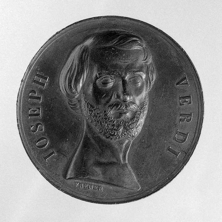 Ritratto di Verdi Giuseppe, ritratto del compositore Verdi Giuseppe (medaglia, serie) di Frener Johann Baptist (sec. XIX)