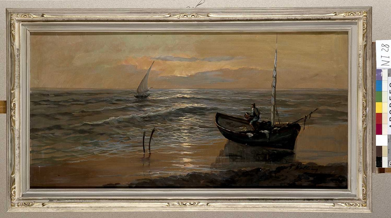 Paesaggio marino con barche (dipinto, opera isolata) - ambito lombardo (terzo quarto sec. XX)