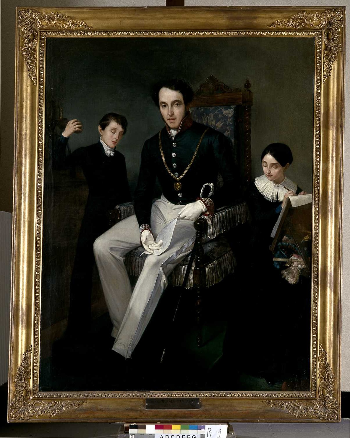 Allegoria della fondazione dell'Istituto dei Ciechi di Milano, ritratto di Barozzi Michele con Fabbrica Giuseppe e Banfi Antonietta (dipinto, opera isolata) di De Magistris Francesco (sec. XIX)